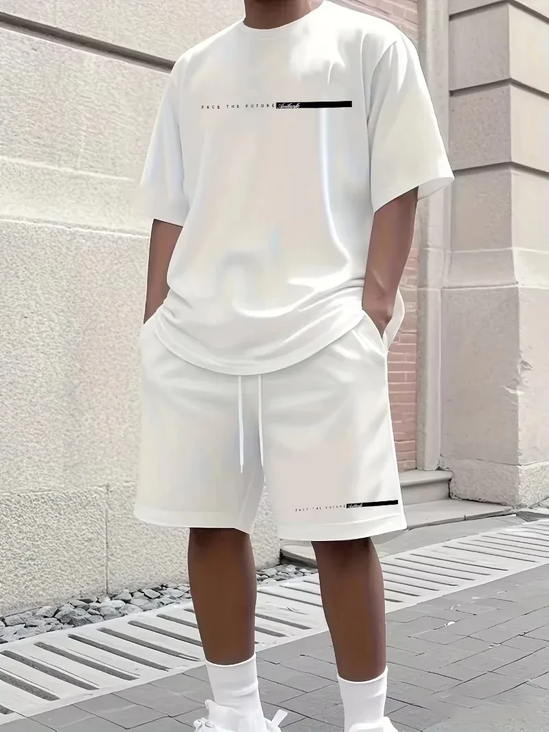 

Мужской комплект футболок из 100 хлопка, повседневный комплект большого размера, свободная футболка с круглым вырезом и короткими рукавами + шорты из двух предметов с принтом Парижских букв