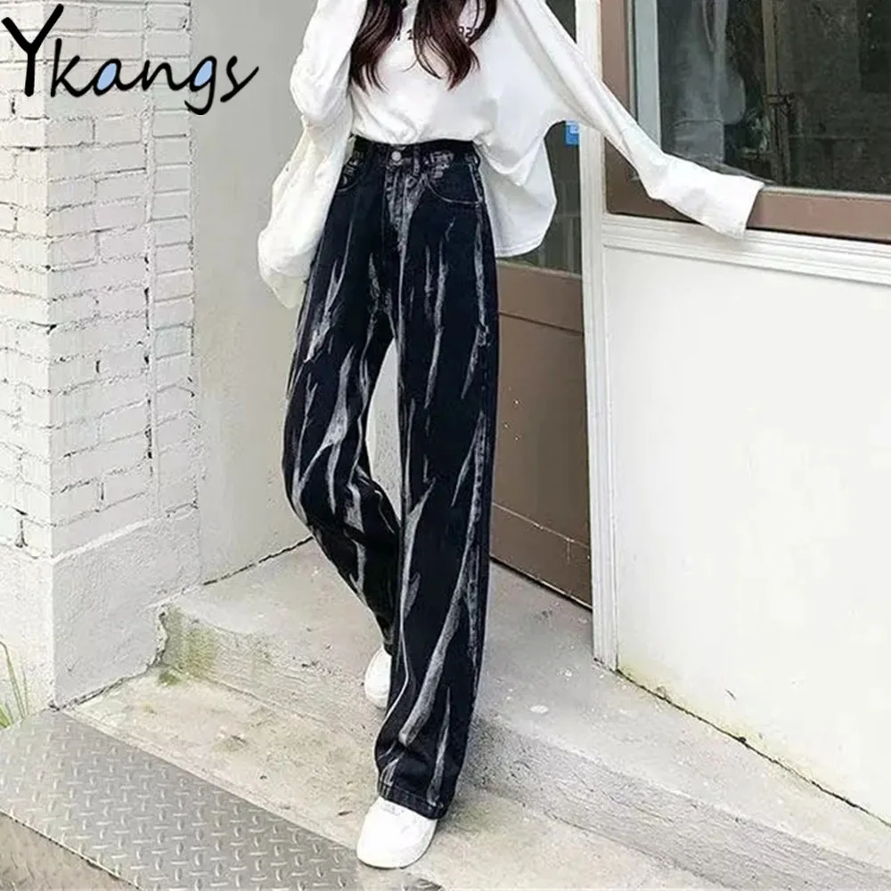 Gothic Punk Tie Dye Black Loose Wide Leg Jeans Women High Waist Hip Hop Hippie Denim Pants Streetwear Dark Academia Y2k Trousers