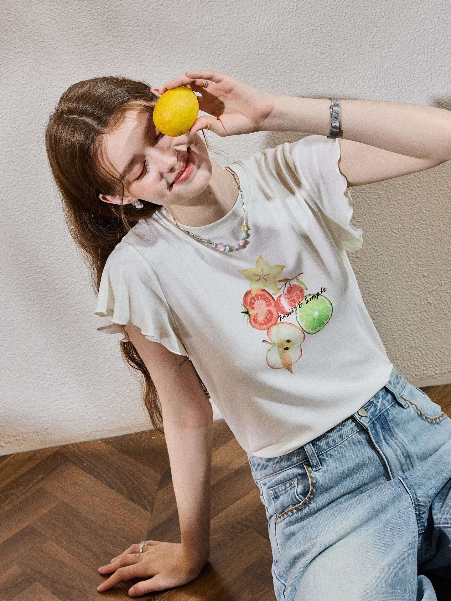 Lycra Cotton Fruit Print T-Shirt Slim Fit Breathable Pleated Sleeve Travel Wear Summer KUHNMARVIN Ladies' Commute Style