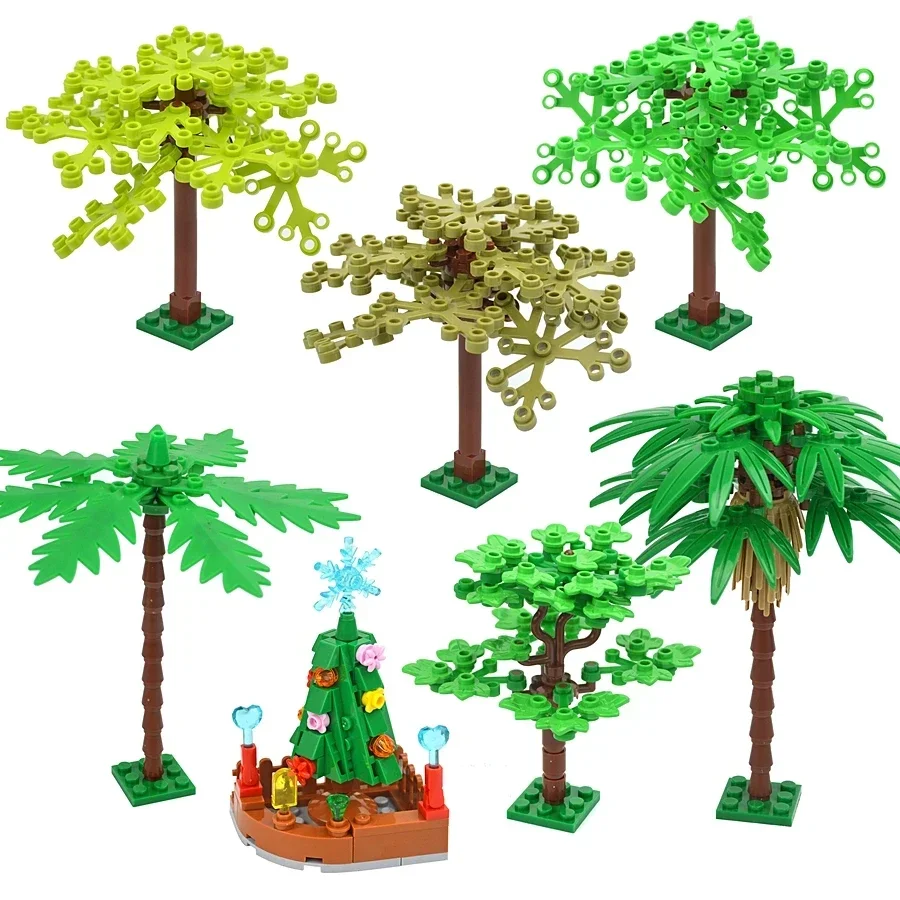 MOC Brick Plant Tree DIY Forest Parts Trunk Palm Pine Leaf Educational Building Blocks Figures Christmas Tree With Plate Kid Toy