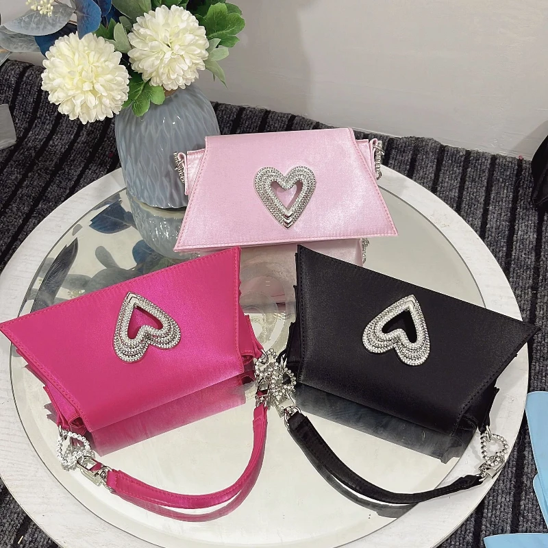 

French Fairy Diamond Heart Shape Handbag Retro Rose Pink Satin Evening Bags Prom Party Sweet Wedding Guest Purses for Women