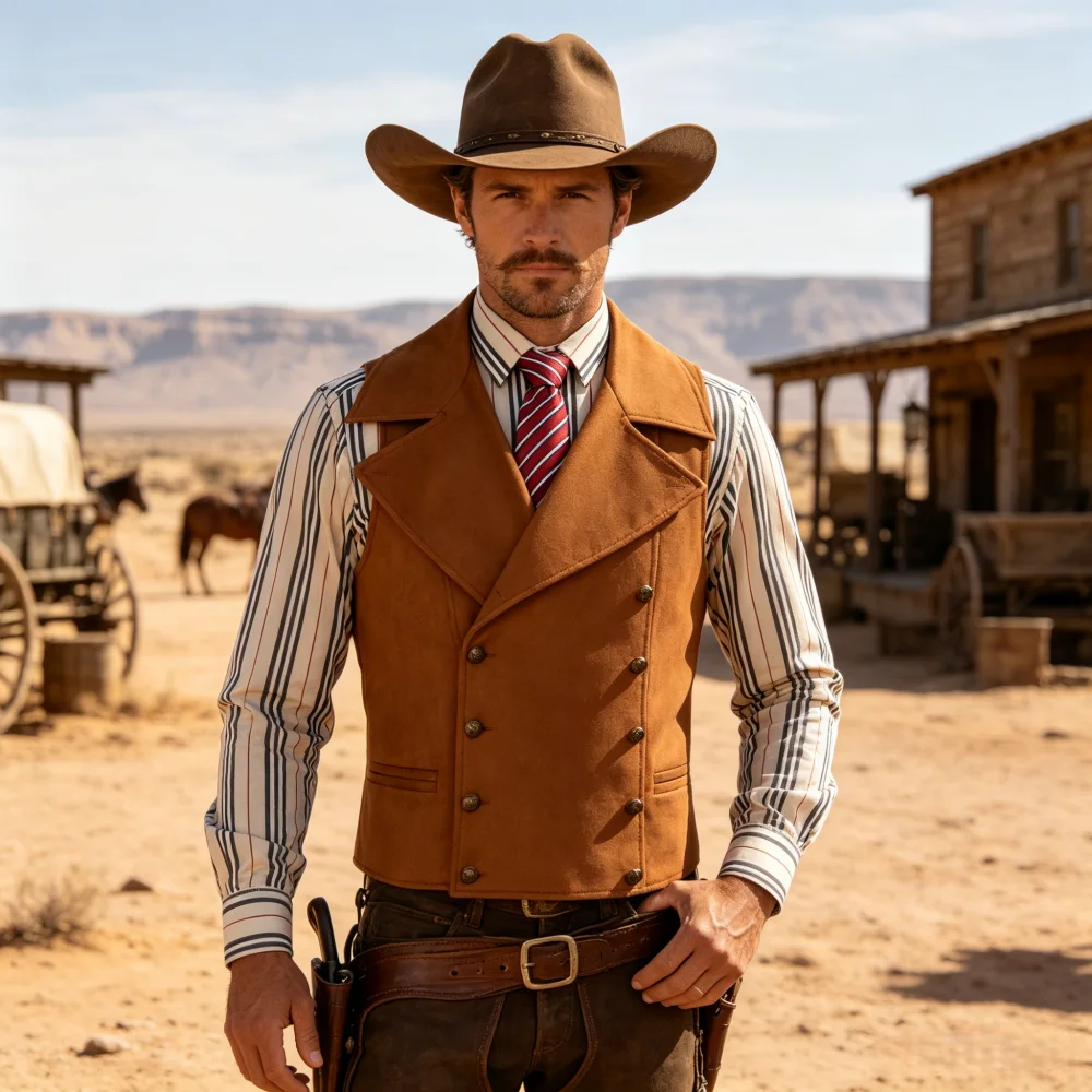 Men's Vest Suede Double Breasted Vintage Big Lapel Mens Suede Cowboy Waistcoat