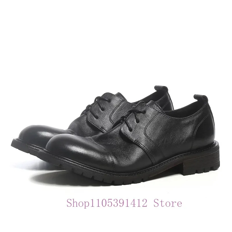 British Style Men Derby Shoes Lace Up Handmade Retro Genuine Leather Pleated Casual Dress Wedding Groom Shoes