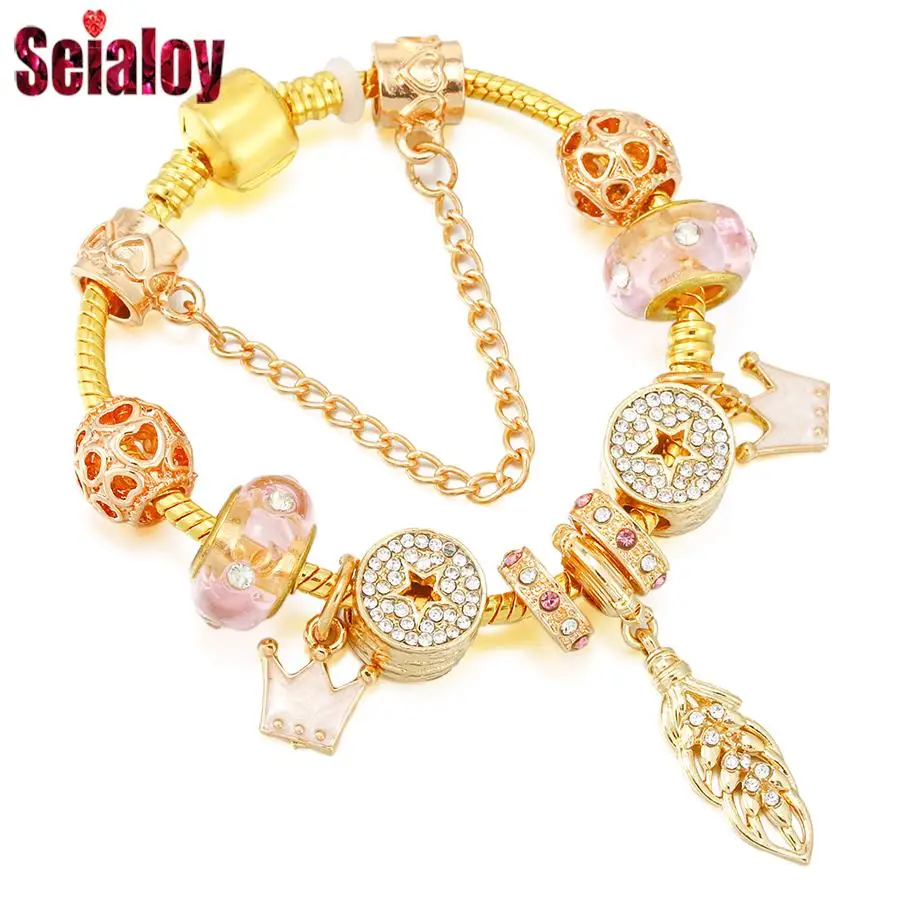 Seialoy Gold Color Star Beads Pink Crystal Bead Feather & Crown Charm Bracelets For Women DIY Fashion Bangle Jewelry