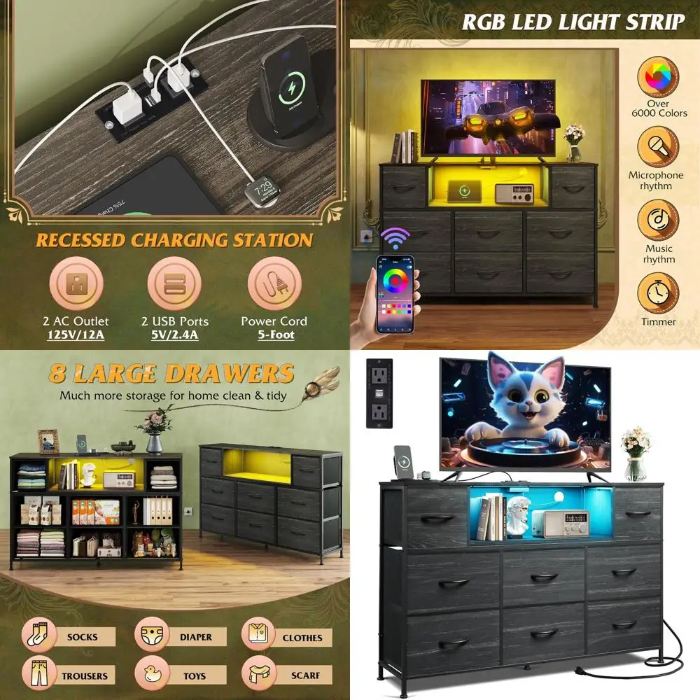 LED-lit TV Stand with Charging Station, Fabric Drawers & Open Shelves for 45-55 Inch TVs, Wood Top, Suitable for Living Room or