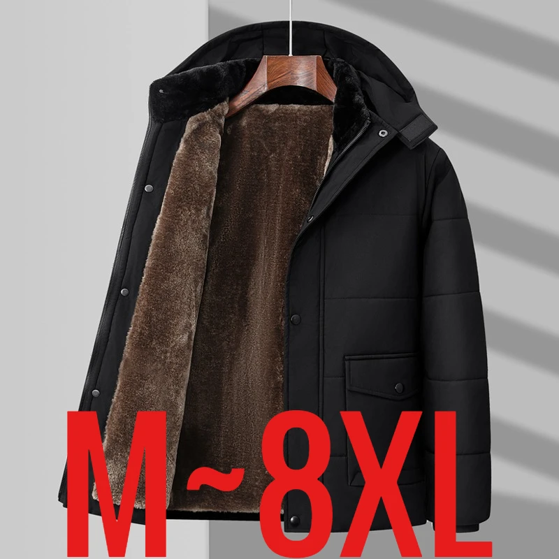 Giacca invernale da uomo di grandi dimensioni 8XL con cappuccio foderato in pile cappotto caldo maschile imbottito in cotone più grande giacca a vento spessa casual peluche freddo