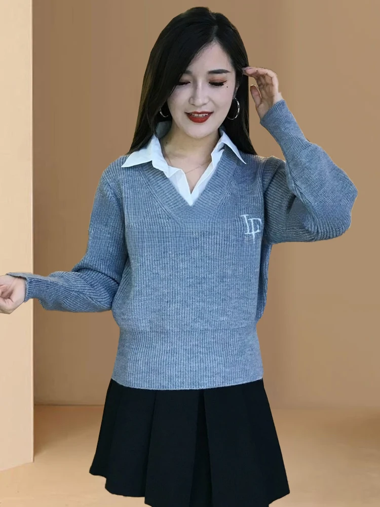 Women's Knitted Long Sve  Ne Sweater Fake Two-Piece Inner Wear Color Blo Design Spring Autumn New Sle Korean Fas...