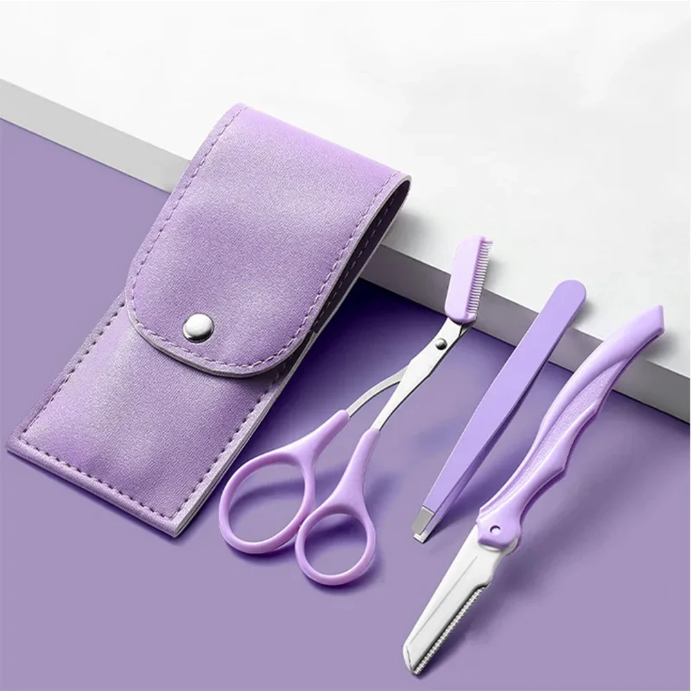 

2 Sets Portable 3 in 1 Foldable Eyebrow Trim Suit Tweezers Scissors and Eyebrow Razor with Comb