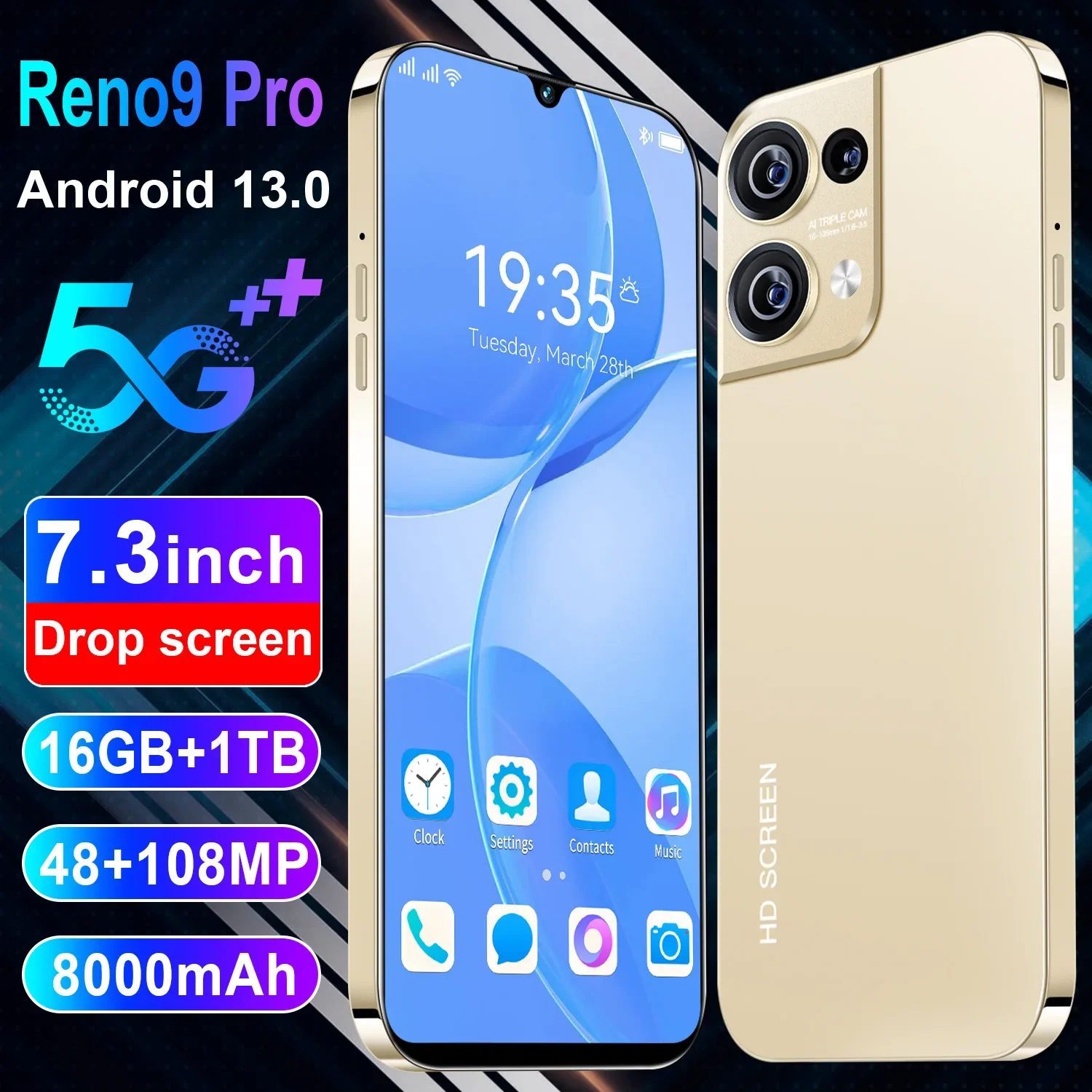 Reno9 Pro 7.3-Inch HD Large Screen Android Smartphone Factory Price Wholesale (Popular Model) Cross-Border Mobile Phone