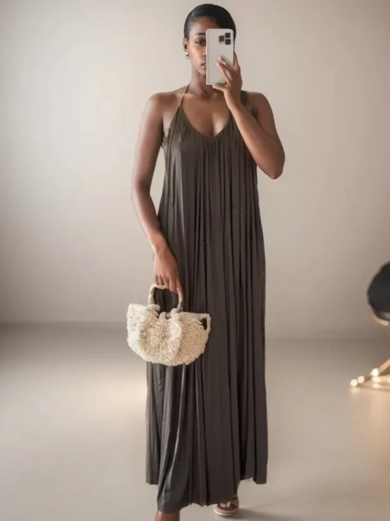 Robes longues en Satin solide pour femmes, ample, droite, épaules dénudées, sans manches, mi-longue, Style de rue, robes à bretelles, nouvel été 2025