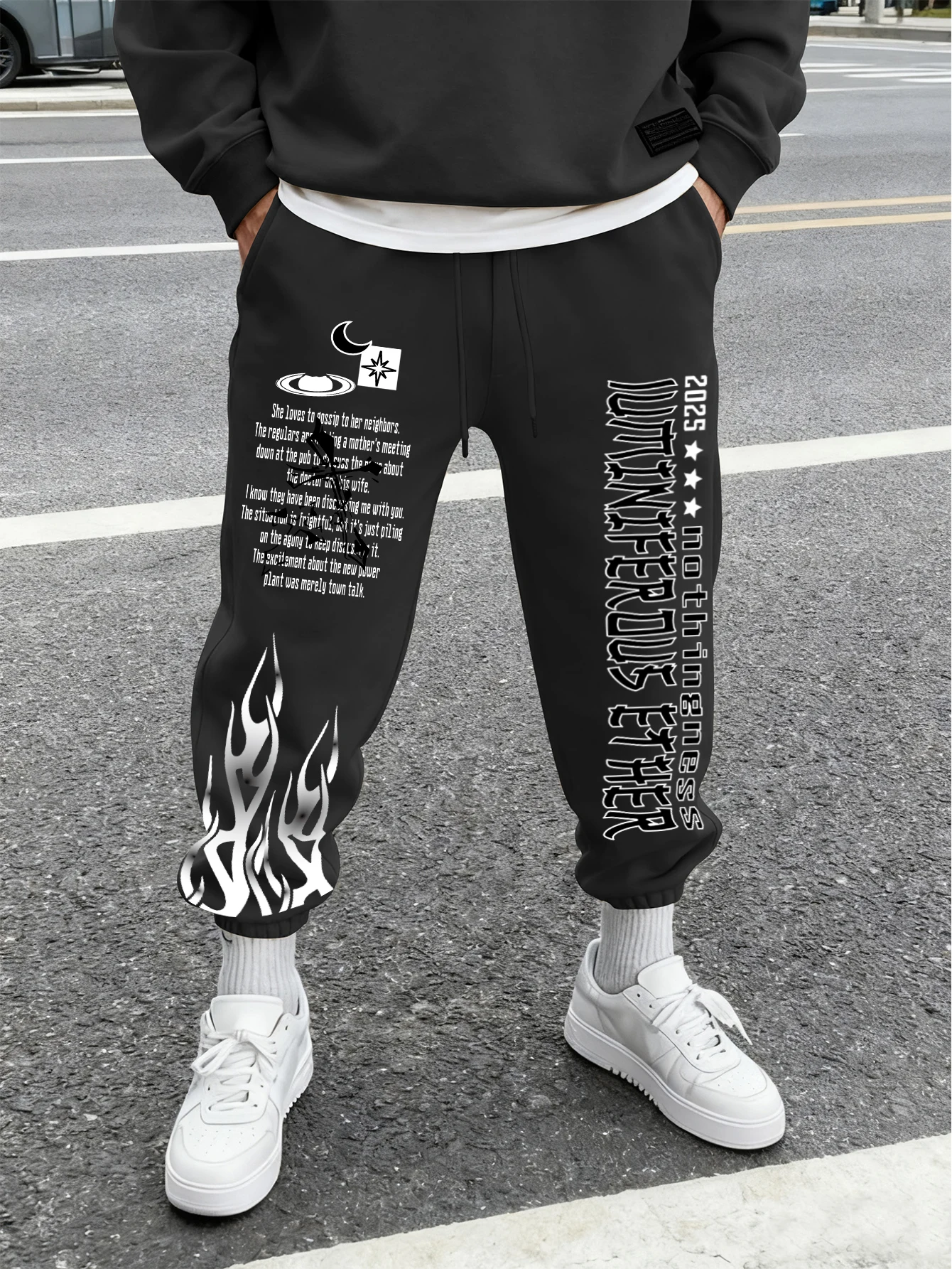 Men Retro Gothic Vertical Letter Flame & Planet Graphic Joggers Elastic Cuff Cozy Loose Fit Urban Casual Street Sweat Pants