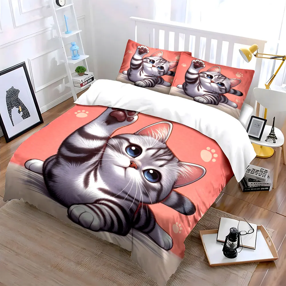 Adorable kitten raising paw playfully Printed Duvet Cover Set1 Duvet Cover+2 PillowcaseMulti Size Bedroom Bedding Decor