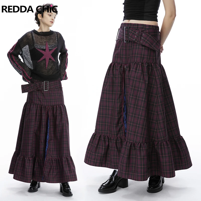 

ReddaChic Zip-up Low Waist Long Balloon Skirt Women Self-belt Patchwork Plaid Red Retro Y2k Maxi Skirt Gothic Steampunk Clothes