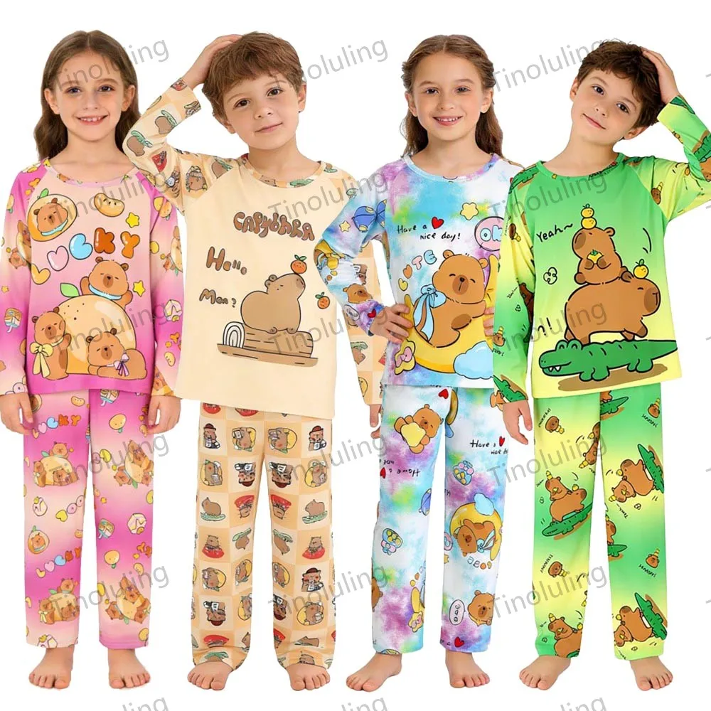 2026 Children's Pyjamas Capybara Set Kids Sleepers Boys Girls Cartoon Boutique Long Sleeve Sleepwear 3 4 5 6 7 8 9 10 11 12 Yrs