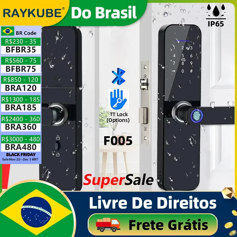 Do Brasil RAYKUBE F005 IP65 Waterproof TT Lock Bluetooth Electronic Smart Door Lock With Fingerprint/Card/Password/APP Unlock