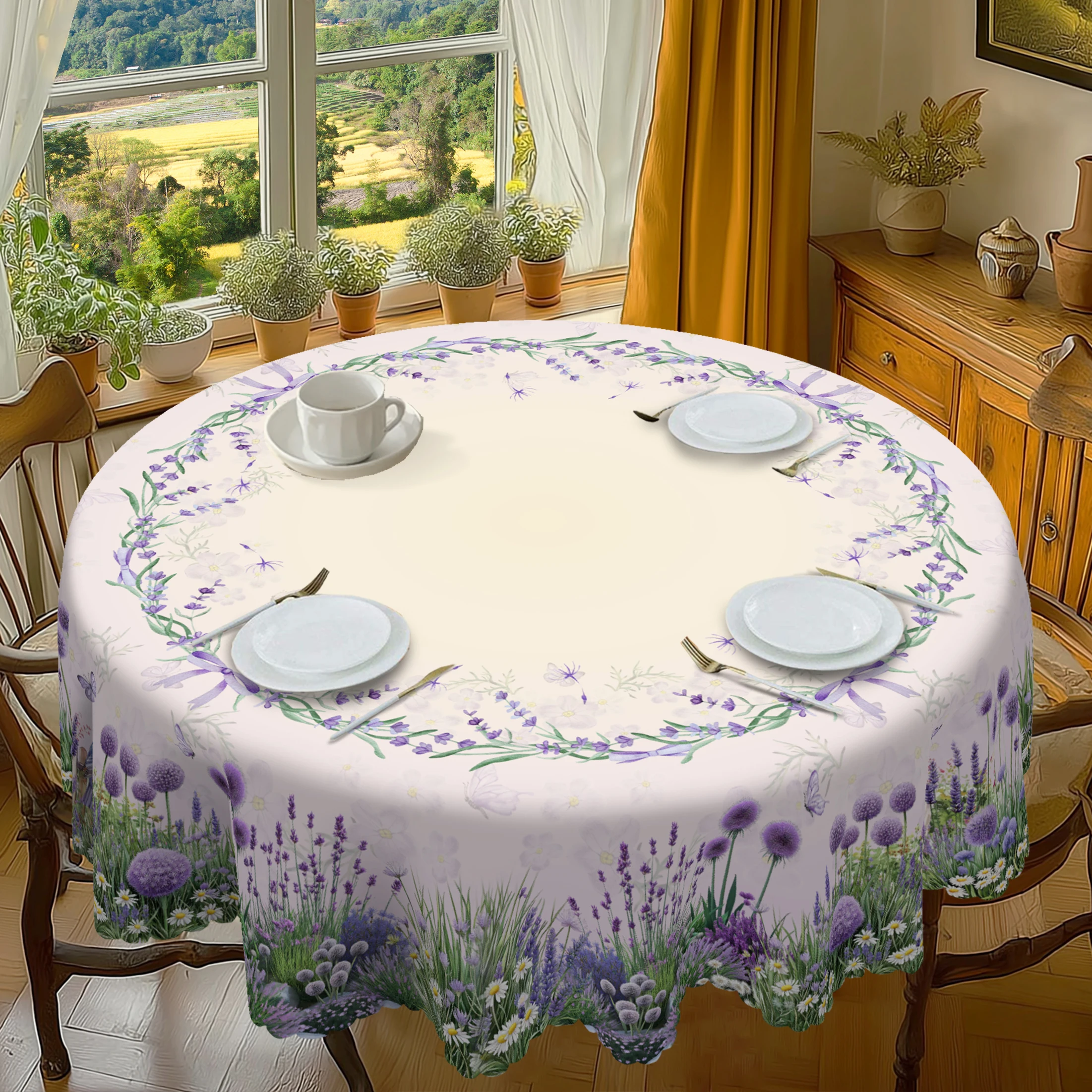 

1pc Dandelion Flower Polyester Tablecloth with Scalloped Edge, Suitable for Home Kitchen Decor, Room Decoration