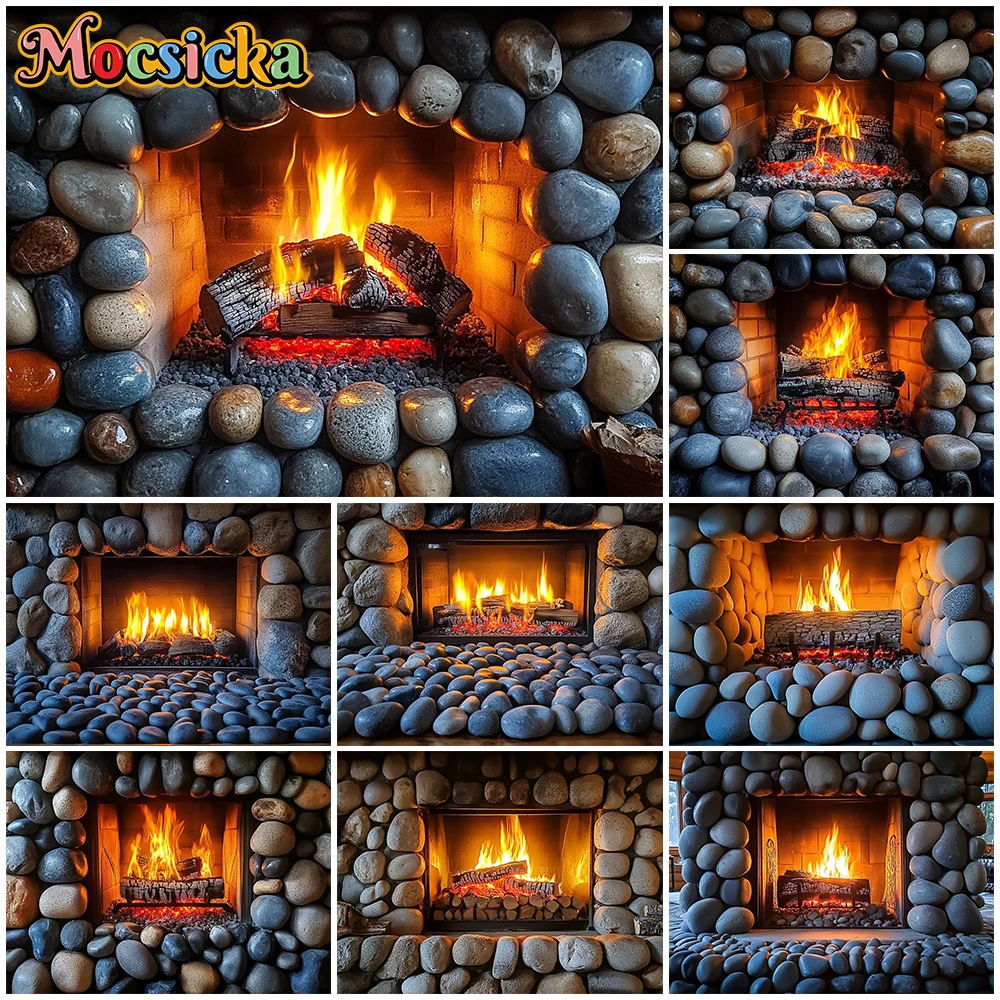 

Mocsicka Christmas Fireplace Photo Background Stone Pebble Wall Bonfire Decoration New Year Party Photography Backdrop Wallpaper
