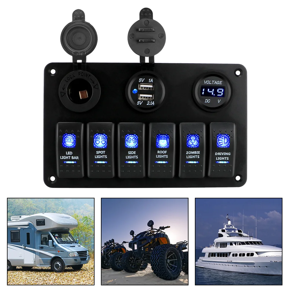 6 Gang Rocker Switch Panel Car Marine Circuit Breaker Dual USB Ports ON/OFF Lights LED Digital Voltmeter DC 12V/24V