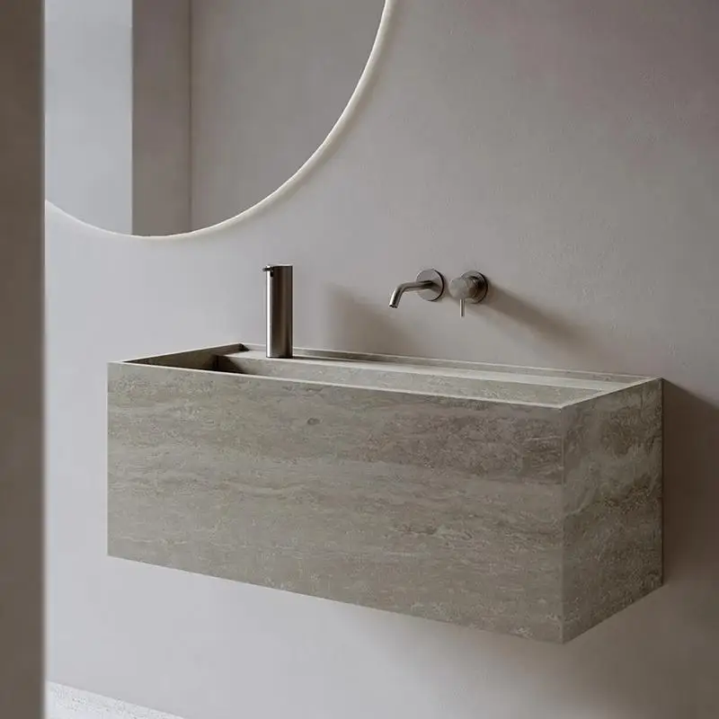 حوض ذو حافة ضيقة مثبت على الحائط: حوض زينة من الحجر الفاخر العميق، خزانة حمام سفلية مضادة للرذاذ مع سطح طاولة بلاطة #3