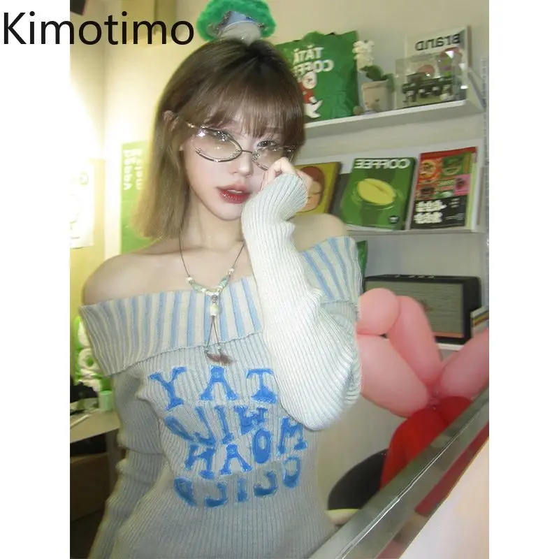 Kimotimo Spicy Girl Slash Neck Sweater Sexy Letter Jacquard Slim Long Sleeve Crop Top Spring Y2k Street Fashion Knitted Pullover