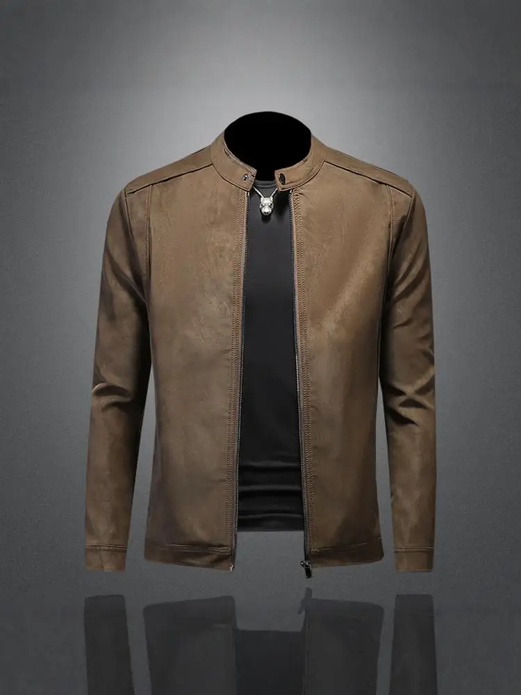 

Suede Leather Jaet Men's Faion Slim Fit Motorcycle American Retro Casual Stand Collar Soft Leather Jaet Spring Autumn