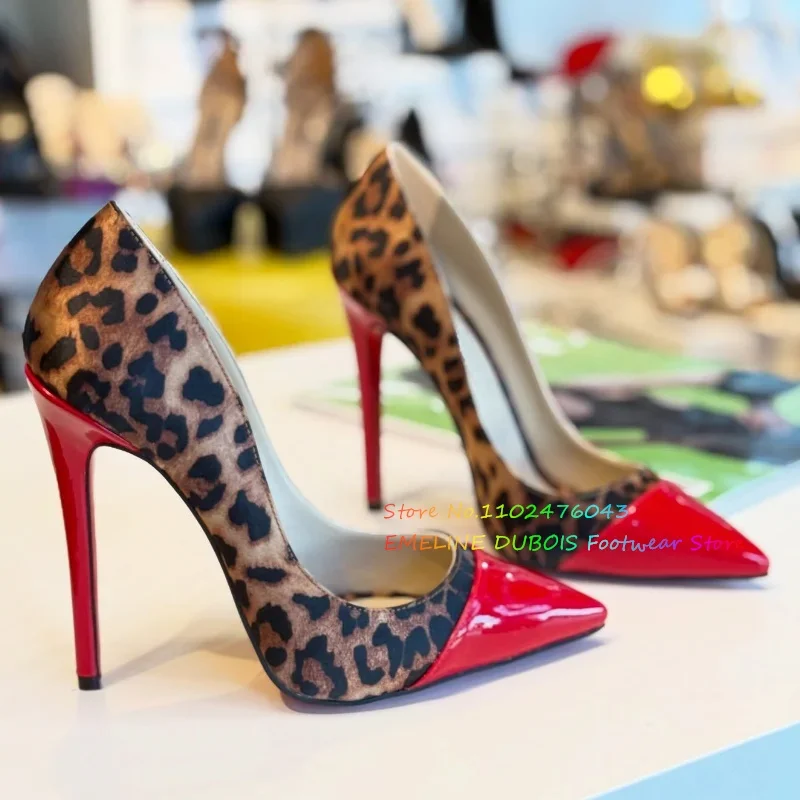 

Leopard Print Patchwork Red Women Pumps Sexy Suede Pointed Toe Stiletto Shallow Leather Office Female Shoes Plus Size 46