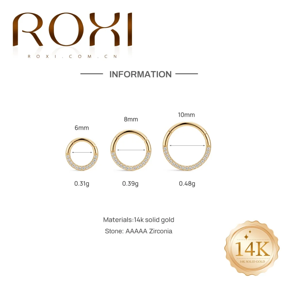 ROXI 1PC 5/6/8mm 14K Gold Classic Half Paved CZ Clicker Hoop Piercing Rings Fine Jewelry Gifts for Women Daily Wear