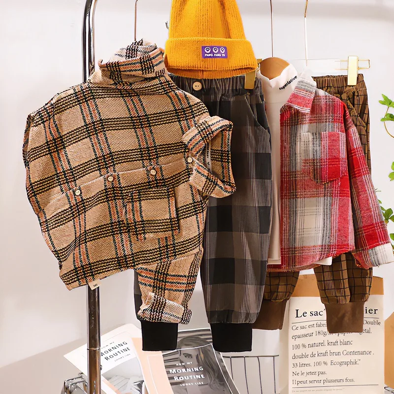 2024 Autumn Children Boys Plaid Shirts Cotton Turn Down Collar Casual Toddler Kid Boy Coat Loose Long Sleeve Infant Baby Boy Top