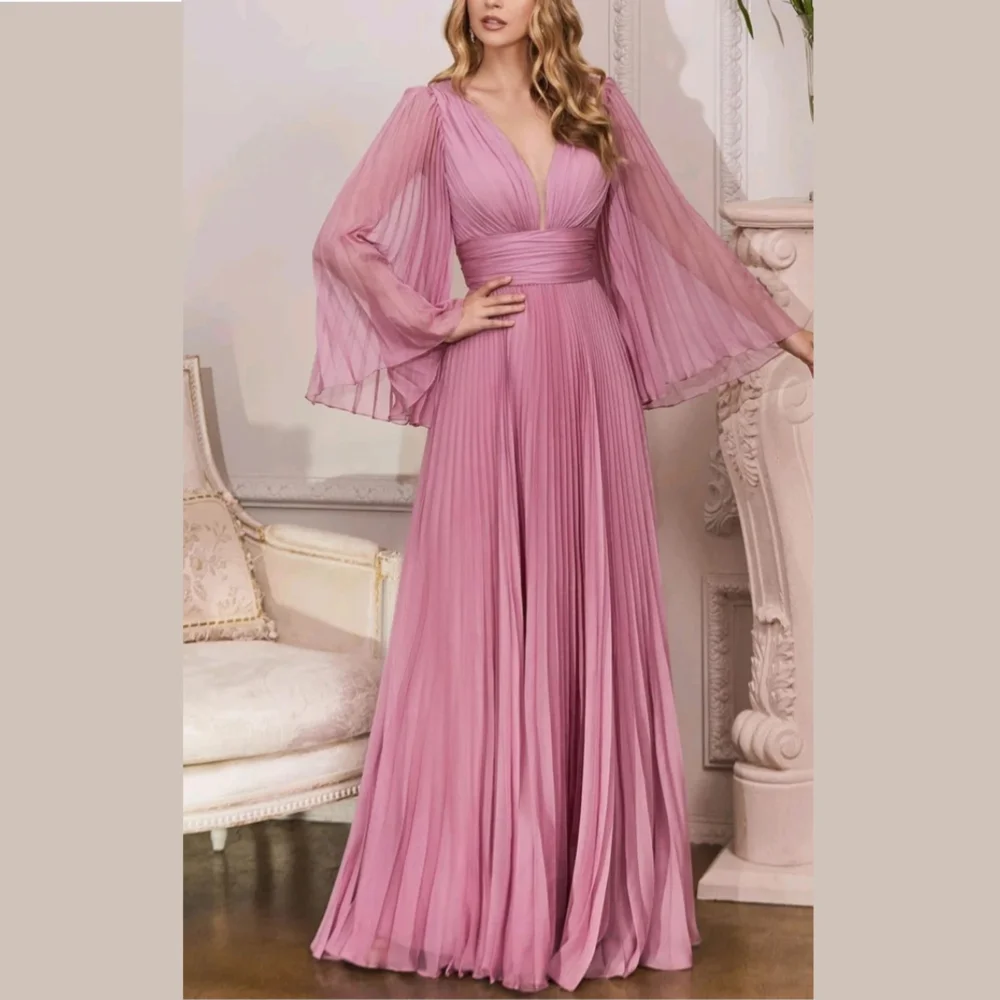 

Elegant Long V Neck Chiffon Evening Dresses Full Sleeves A Line Pleated Floor Length Vestidos Fiesta Noche Largo