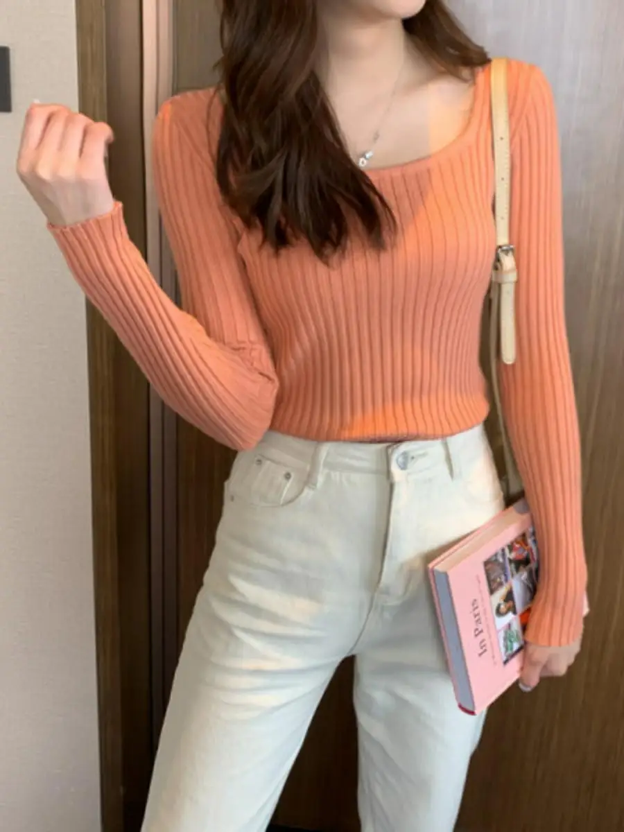 

Autumn Winter Women's Slim Fit Knitted Long Sleeve Square Collar Sweater Pure Color Base Shirt Trendy Commute Style Top