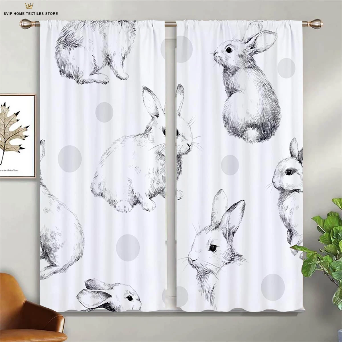 Cartoon Bunny Easter Print Curtain Rod Pocket Bedroom Kitchen Living Room Kids Room Holiday Decorative Curtain 2 Pieces