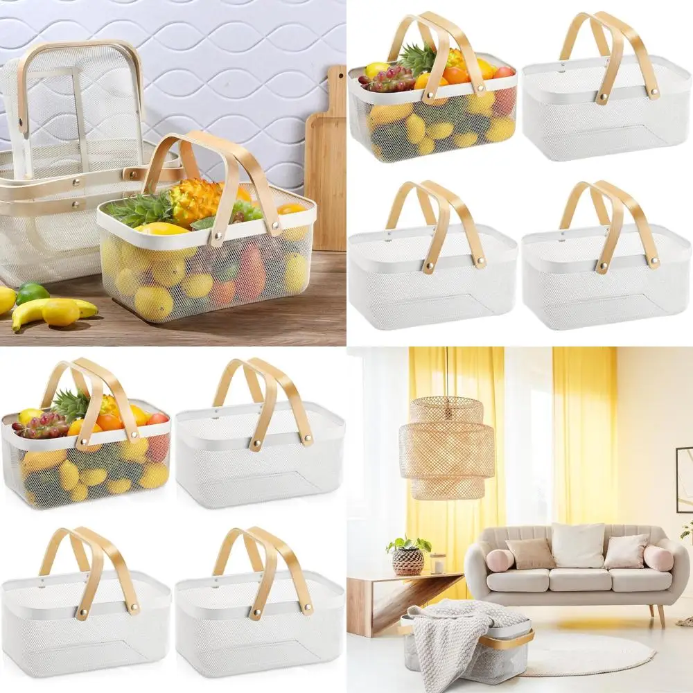 

Набор из 4 металлических корзин для хранения с ручками для кухни, столешницы, шкафа и спальни - белые, 16x9.8x7.1 дюймов