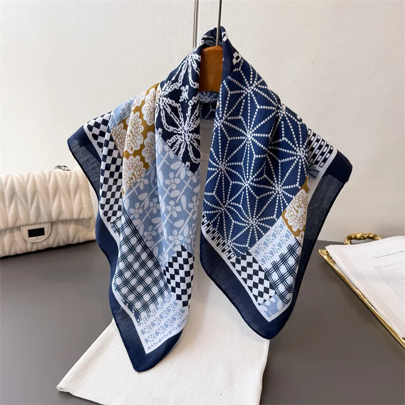 65*65cm Retro Print Square Scarfs Women Autumn Spring Warm Wraps Head Scarf Cotton Feel Hijab Female Neck Ties Foulard Bandana