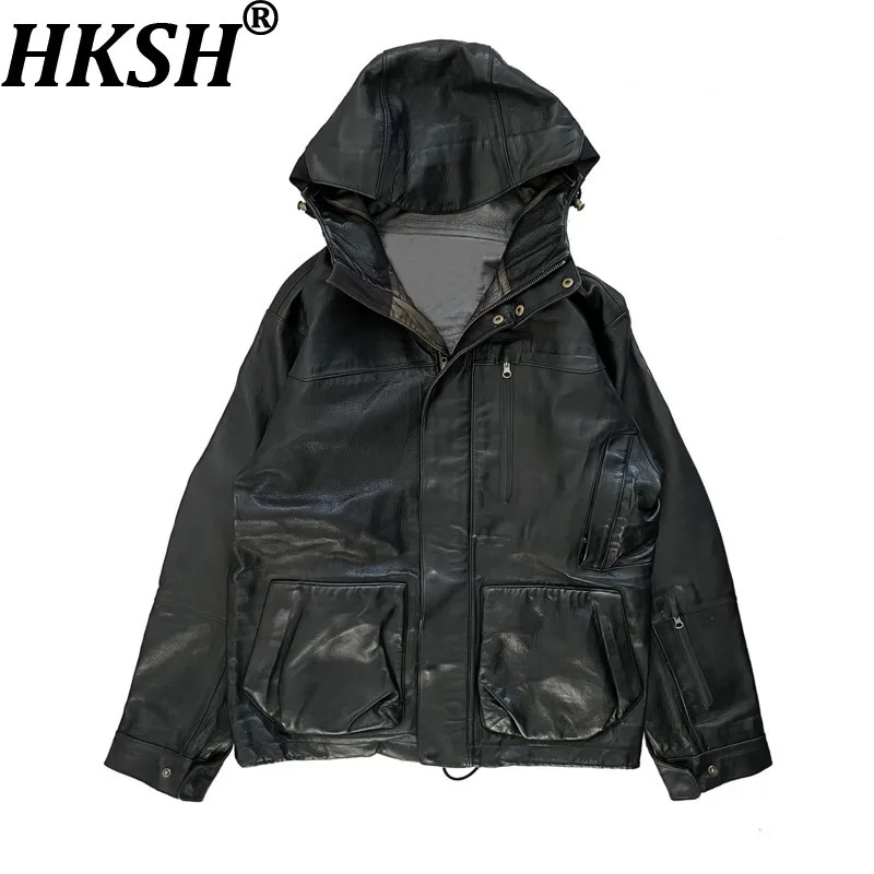

HKSH Spring Autumn New Man's Tide Dark Outdoor Techwear Hooded Leather Jacket Punk Ins Punk High Street Windbreaker Coat HK12351