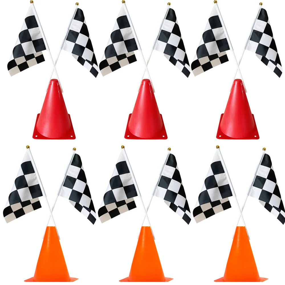 Race Car Theme Party Supplies Traffic Cone with Black White Checkered Flag Orange Red Traffic Cone Kit Car Birthday Decoration