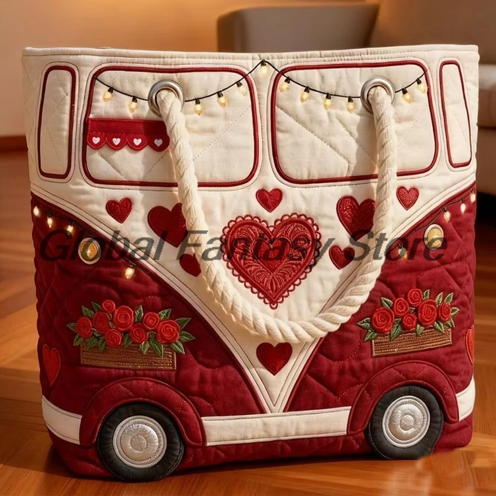 

Retro Bus Quilted Beach Bag Red Heart Rose Print Shoulder Bag Men Women Daily Handbag Shopping Tote