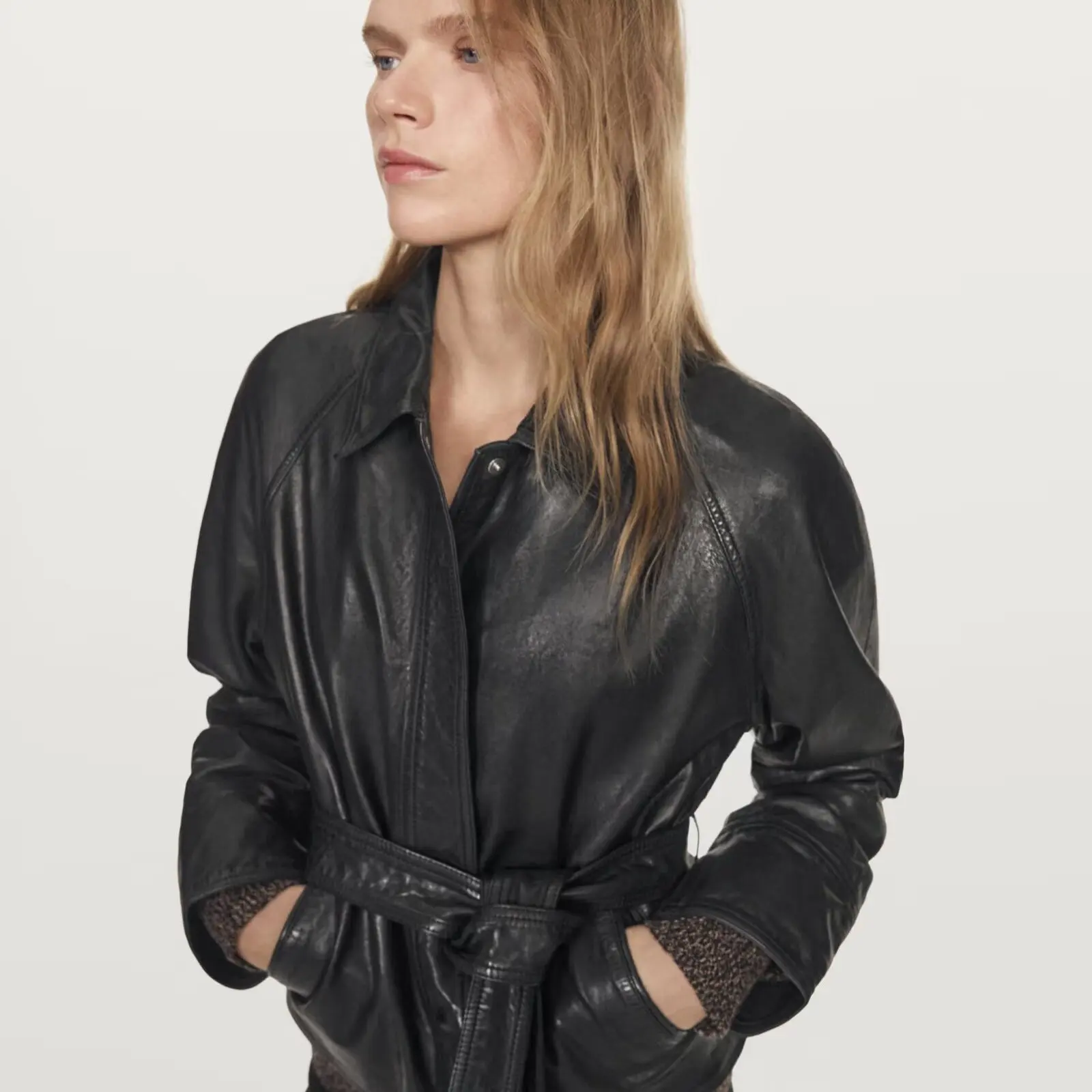 Autunno Inverno Nuovo Arrivo Donna Or Biker Jaet Cappotto in pelle PU con cintura Stand Fit Lungo Sve Colletto ribaltabile Fibra di poliestere