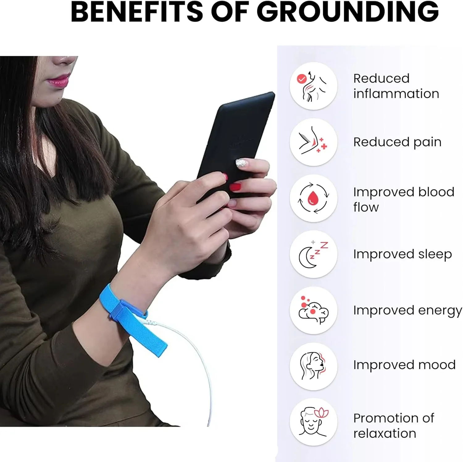 Grounding Blue Wrist Band (2 Sets) For Healthy Earthing Energy With 2 Straight Cords (16‘ Full Length) Grounding Without Mats