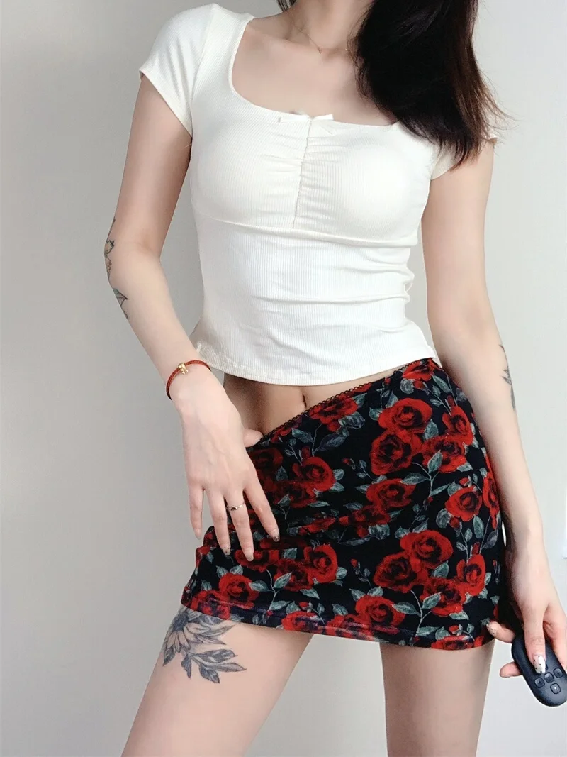 

Сексуальная романтическая юбка с принтом роз Me f, юбка трапециевидной формы с высокой талией для женщин, уличная летняя облегающая юбка 2024, 2024,