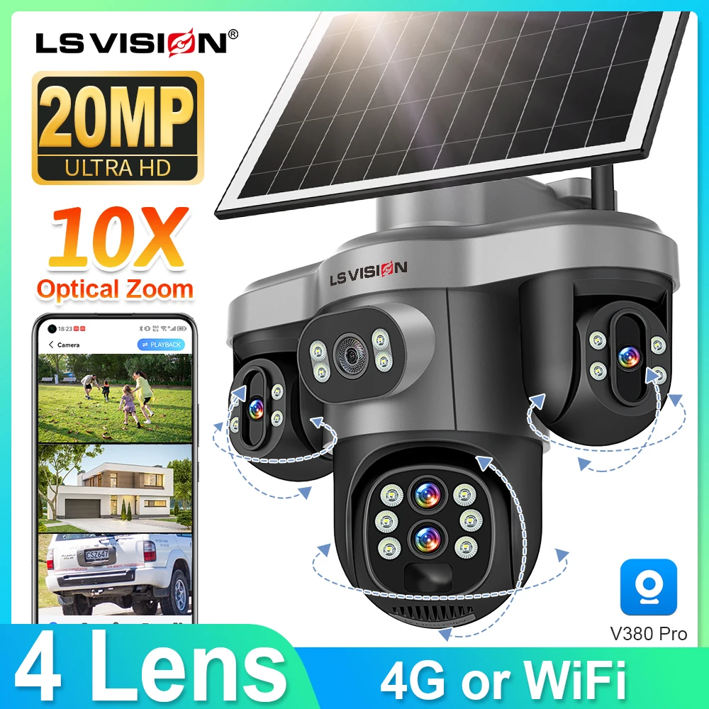 LS VISION Solar Camera Wifi Outdoor With10X Optical Zoom Three Screens 4G SIM Cctv Home Security  Solar Energy  Cam Ai PTZ V380