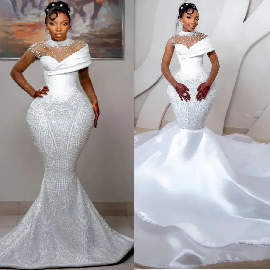 Vestido de novia de sirena con lentejuelas y cuentas brillantes, cuello alto personalizado, con falda extraíble, impresionante vestido de novia