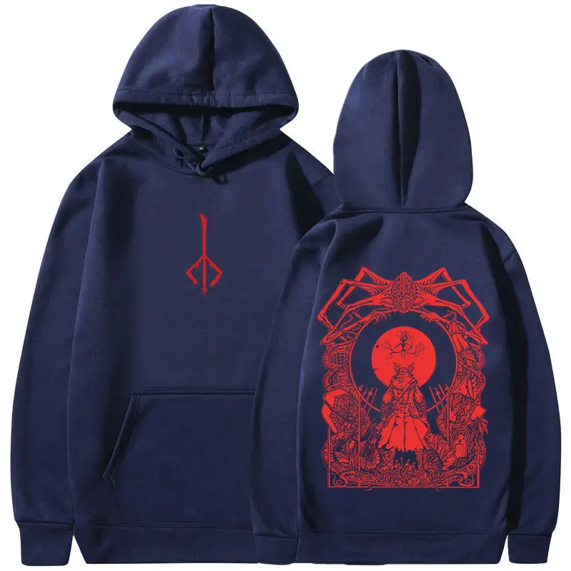 Herren Loose-Fit Streetwear, Bloodborne Game Grafik-Hoodie, Horror Hunter Cosplay Hoodie, Unisex Casual Retro Pullover – Detail 4