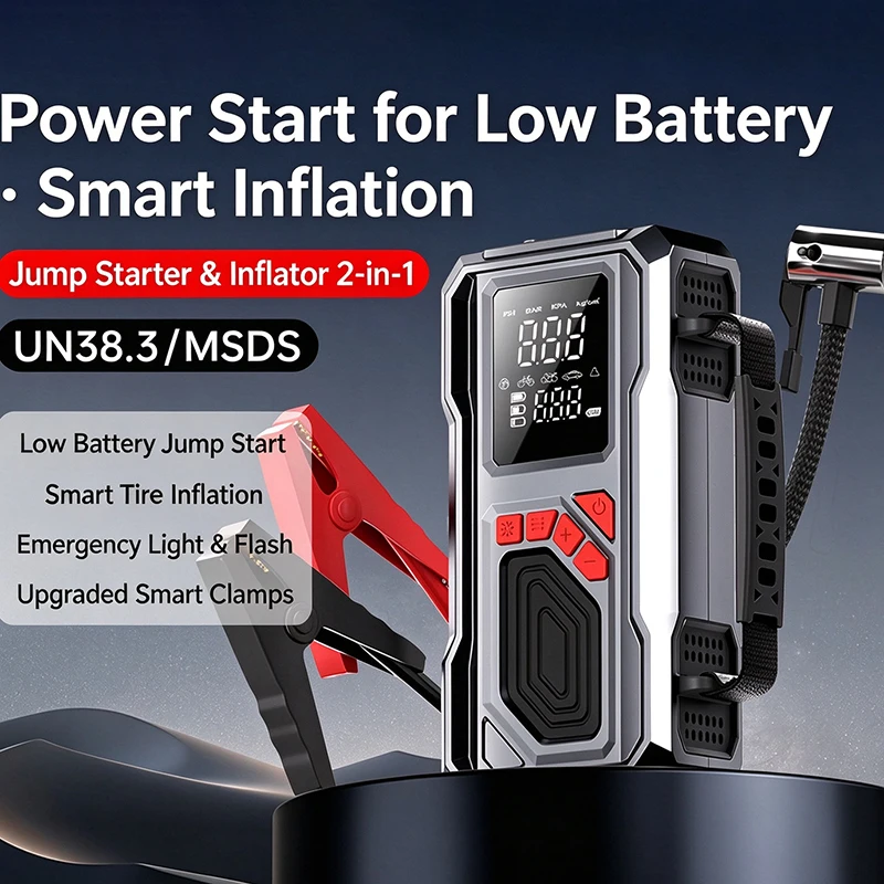 10 in 1 Portable Jump Starter Air Compressor 12V Car Tires Inflator with LED Light And Pressure Gauge for Petrol Diesel Cars