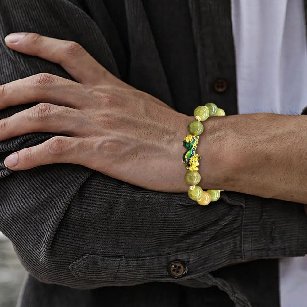 Men Bracelet Feng Shui Bracelet Unisex Pixiu Bracelet with Smooth Vintage Texture Temperature Color-changing Elastic Band Luxury