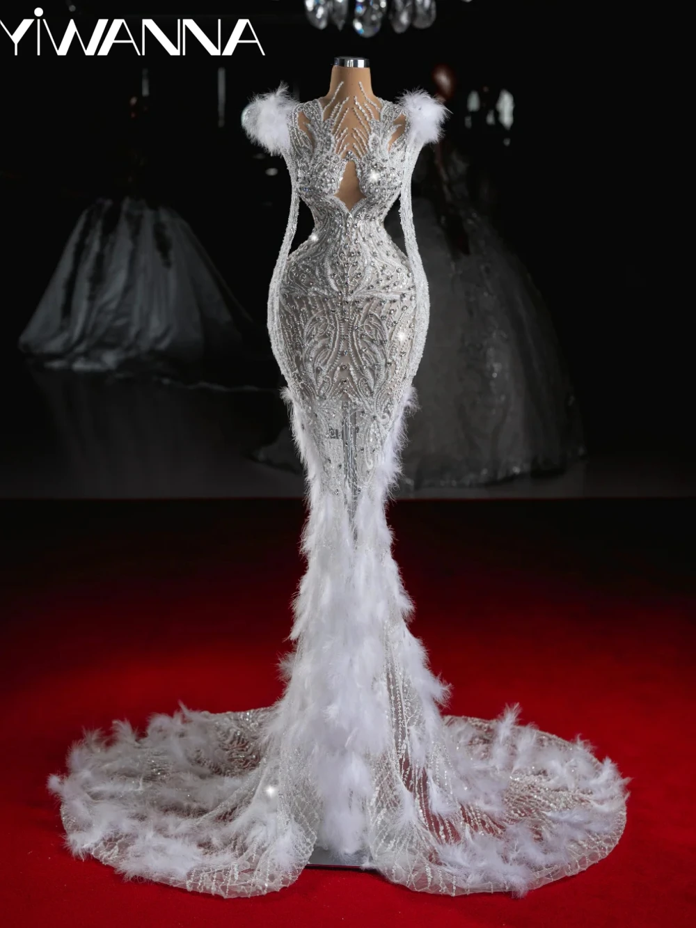 

New Arrival Embroidery Crystal Long Wedding Dress With Feathers Mermaid Bridal Gown Customized Illusion Dresses For Bride
