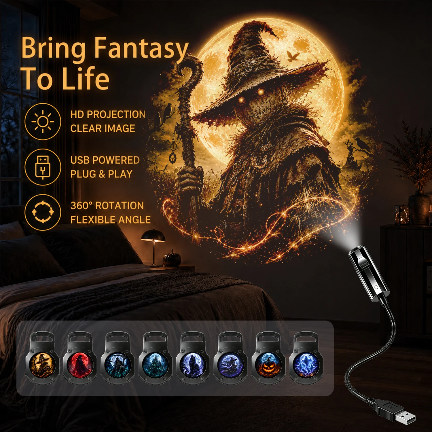 Halloween-Themed Projector Light, 8 Interchangeable Patterns, Ceiling Bedroom Ambient Light, Creating a Halloween Atmosphere.