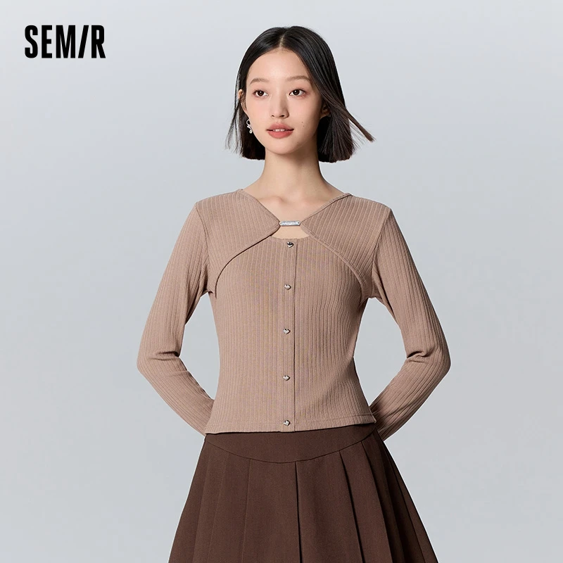 Semir Long-Sleeved T-Shirt Women Short Hollow Sweet 2023 Winter New Tight Knitted Sweater