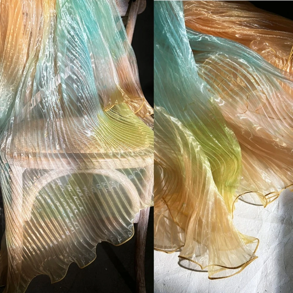 Laser Organza Tie-Dye Green-Yellow Gradient Mesh Fabric Accordion Pleat Water-Shine Formal Dress Designer Cloth