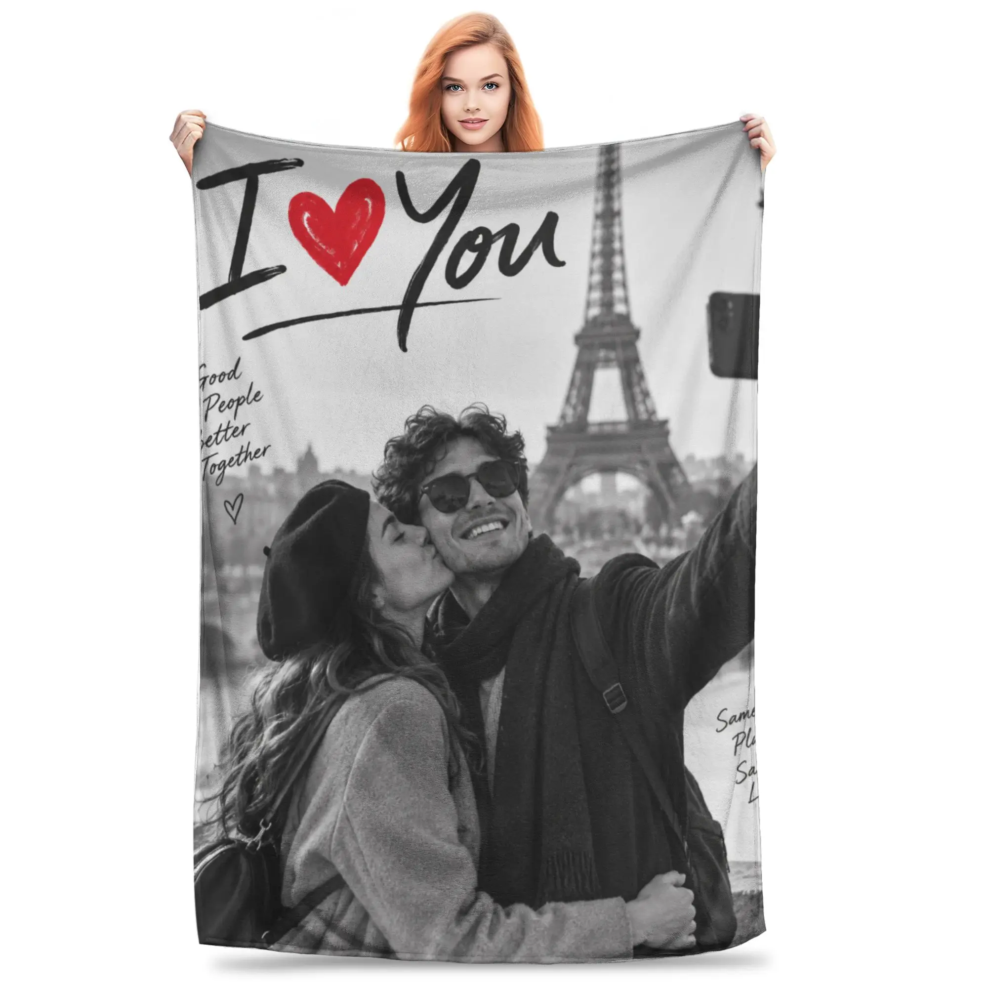 1PC Home Couple Selfie Eiffel Tower Custom Photo Personalized Blanket Throw Super Cosy Plush Living Room Sofa