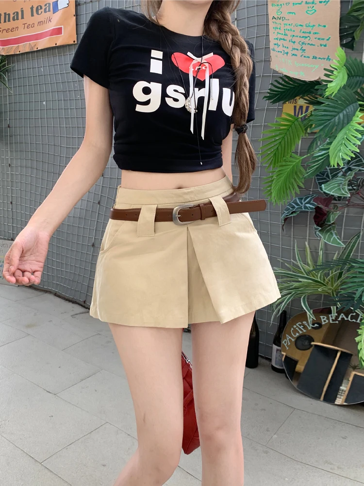 Women's Khaki Vintage Split Shorts Skirts Y2K Harajuk 2025 Summer Korean Fashion Casual High Waisted A-line Shorts Female New